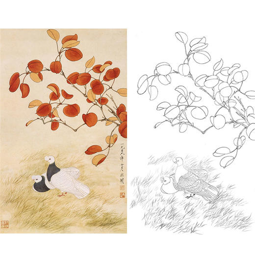于非闇竖幅工笔花鸟白描底稿-鸽子《红叶双鸽》-多种白描尺寸可选-YF44 商品图0