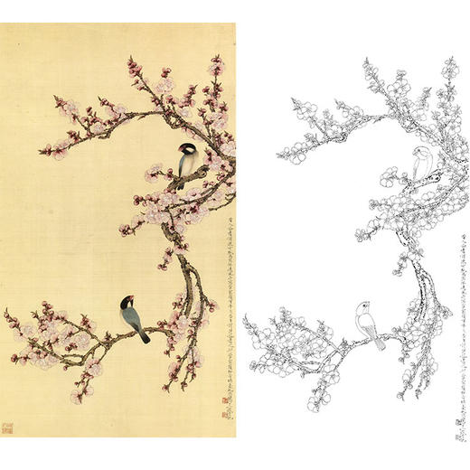 于非闇竖幅工笔花鸟白描底稿-桃花小鸟-YF57 商品图0