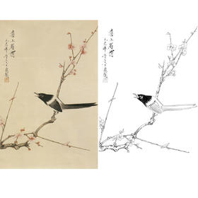 于非闇竖幅工笔花鸟白描底稿-梅花喜鹊-《喜上眉梢》-多种白描尺寸可选-YF59
