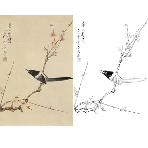 于非闇竖幅工笔花鸟白描底稿-梅花喜鹊-《喜上眉梢》-多种白描尺寸可选-YF59 商品图0