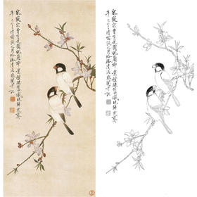 于非闇竖幅工笔花鸟白描底稿-桃花小鸟-YF56