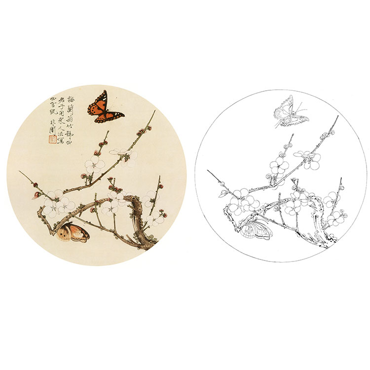 于非暗白描底稿-圆形工笔花鸟-梅-yf67