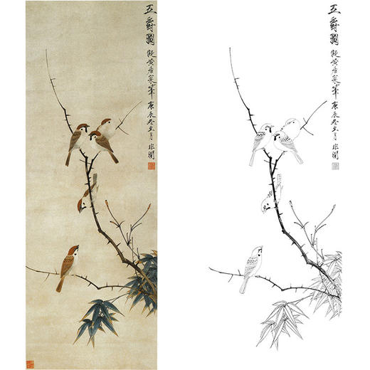 于非闇竖幅工笔花鸟白描底稿-麻雀《五爵图》-多种白描尺寸可选-YF58 商品图0