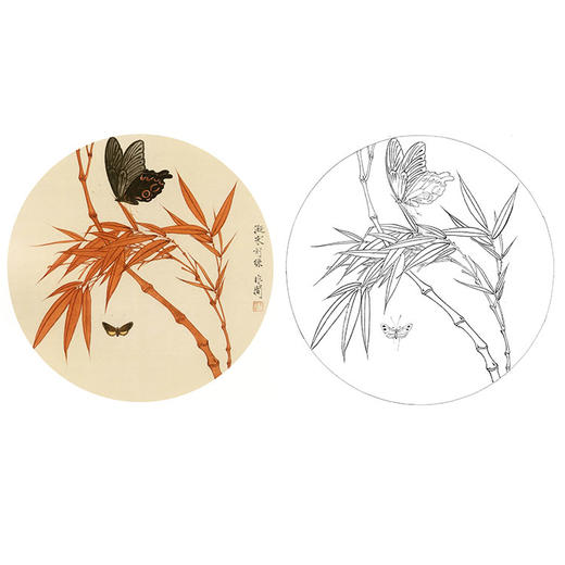 于非闇工笔花鸟白描底稿-圆形竹子蝴蝶小品-YF69 商品图0