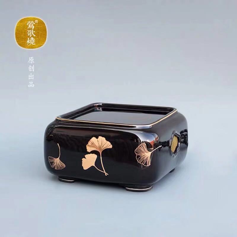 电器-莺歌烧-电陶炉-四方黑底银杏纹电陶炉