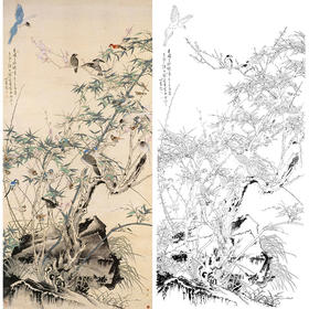 于非闇竖幅工笔花鸟白描底稿《花鸟竹石》-多种白描尺寸可选-YF73