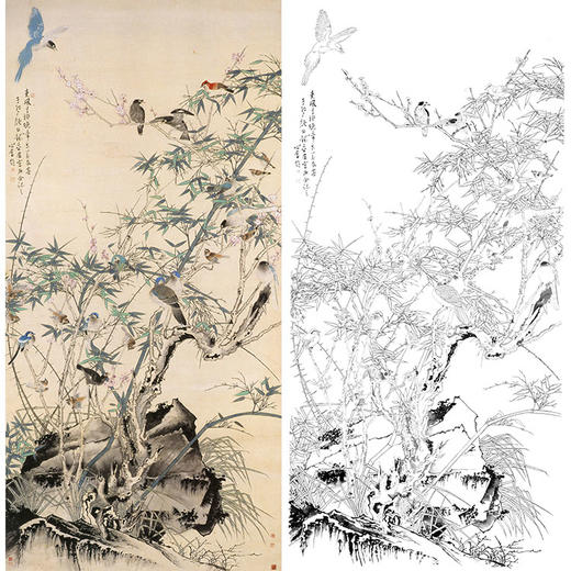 于非闇竖幅工笔花鸟白描底稿《花鸟竹石》-多种白描尺寸可选-YF73 商品图0
