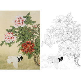 于非闇竖幅工笔花鸟白描底稿-鸽子-牡丹双鸽-YF83