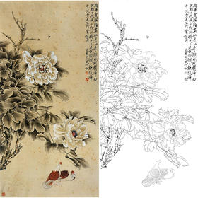 于非闇竖幅工笔花鸟白描底稿-鸽子-牡丹双鸽-YF82