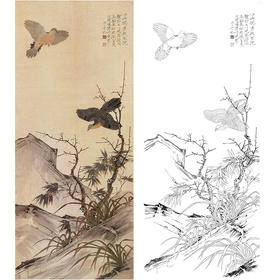 于非闇竖幅工笔花鸟白描底稿《双鸠竹兰图》-多种白描尺寸可选-YF85