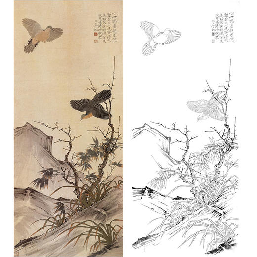 于非闇竖幅工笔花鸟白描底稿《双鸠竹兰图》-多种白描尺寸可选-YF85 商品图0