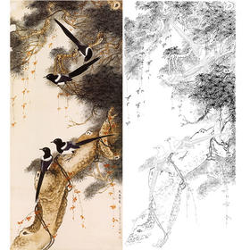 于非闇竖幅工笔花鸟白描底稿-喜鹊-《长春有喜》-多种白描尺寸可选-YF88