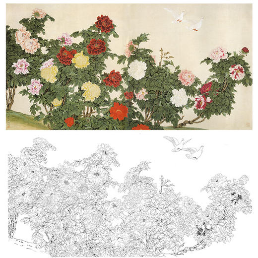 于非闇横幅工笔花鸟白描底稿《牡丹双鸽图》-多种白描尺寸可选-YF91 商品图0