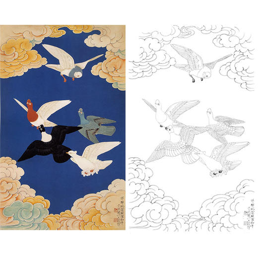 于非闇竖幅工笔花鸟白描底稿-鸽子-《瑞霭和平》-多种白描尺寸可选-YF84 商品图0