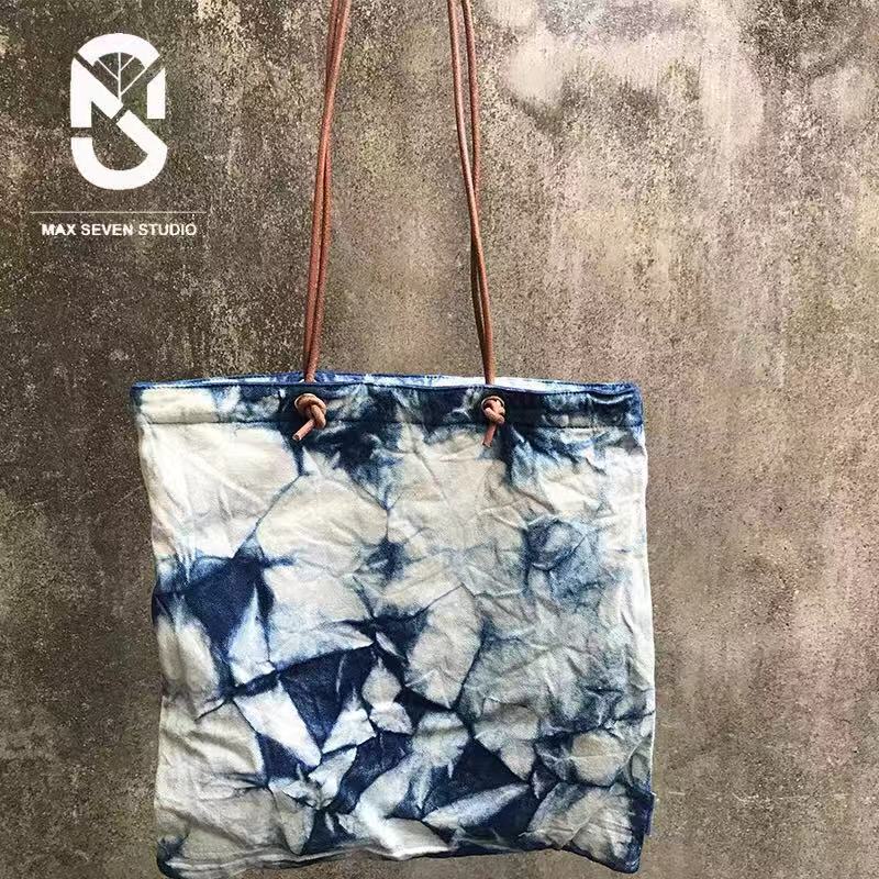 canvas bag植物染蓝染扎染皮绳休闲帆布包钥匙扣
