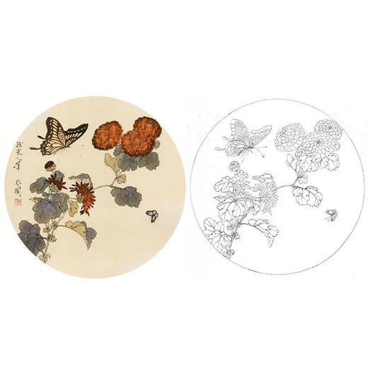 于非闇工笔花鸟白描底稿-圆形菊花小品-YF70 商品图0