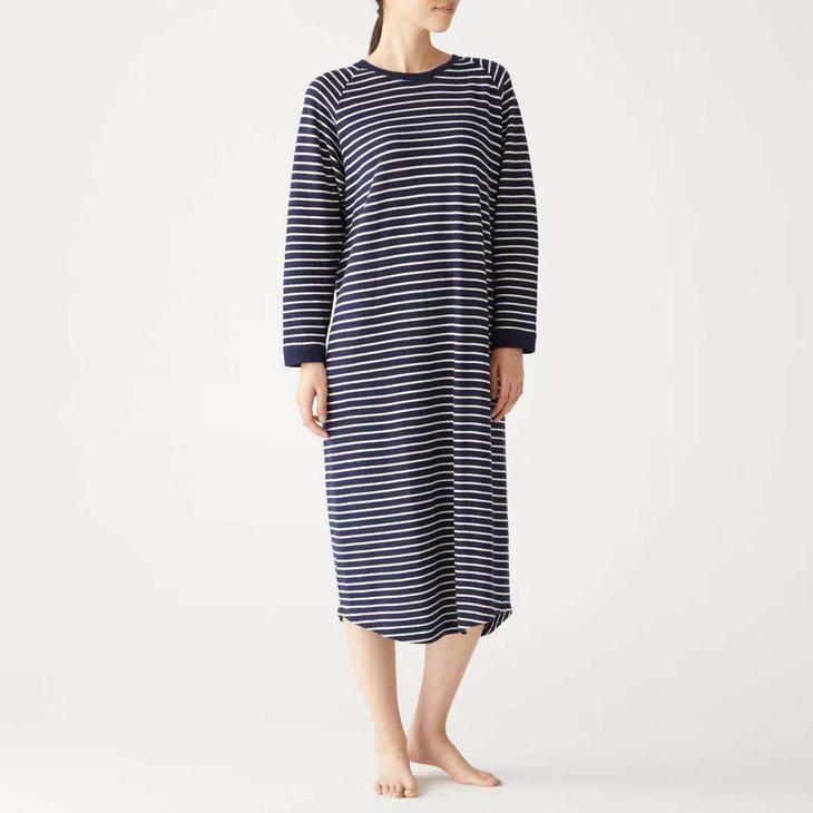 无印良品 - 毛圈 条纹 居家 女装宽松卫衣 睡裙 长款oversized 印尼