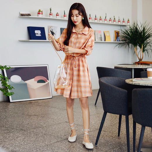 韩都衣舍2019春季新款韩版女装衬衫领系带格子显瘦连衣裙MR8877汩 商品图2