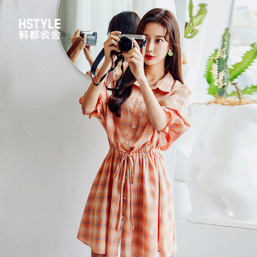 韩都衣舍2019春季新款韩版女装衬衫领系带格子显瘦连衣裙MR8877汩 商品图1