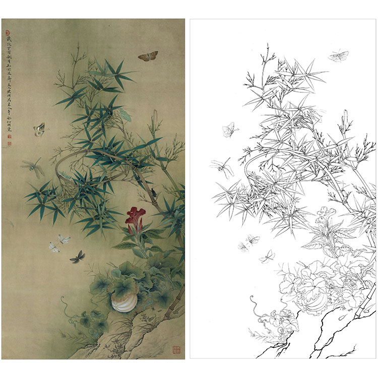 李晓明临宋系列宋画小品白描底稿-竹虫图轴-有步骤图及文字解析-kc23