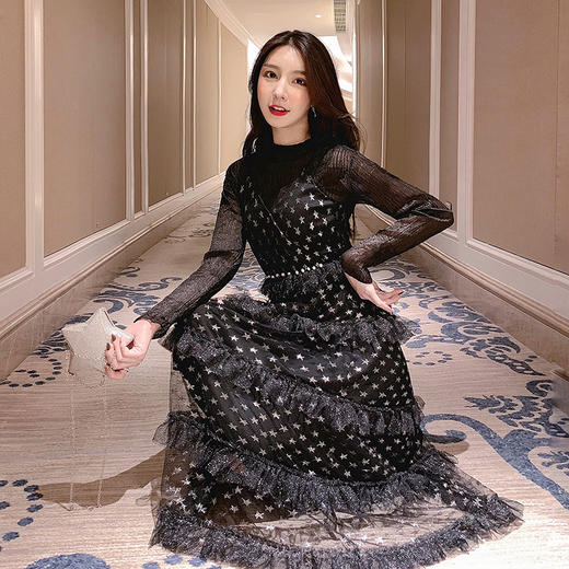 张心子心机套装冬装裙子2019春季新款烫金星星网纱吊带裙两件套女010726 商品图2
