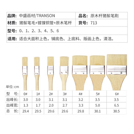 中盛画材猪鬃长杆油画刷板刷 水粉刷 刷子 猪鬃笔刷丙烯颜料用 商品图2