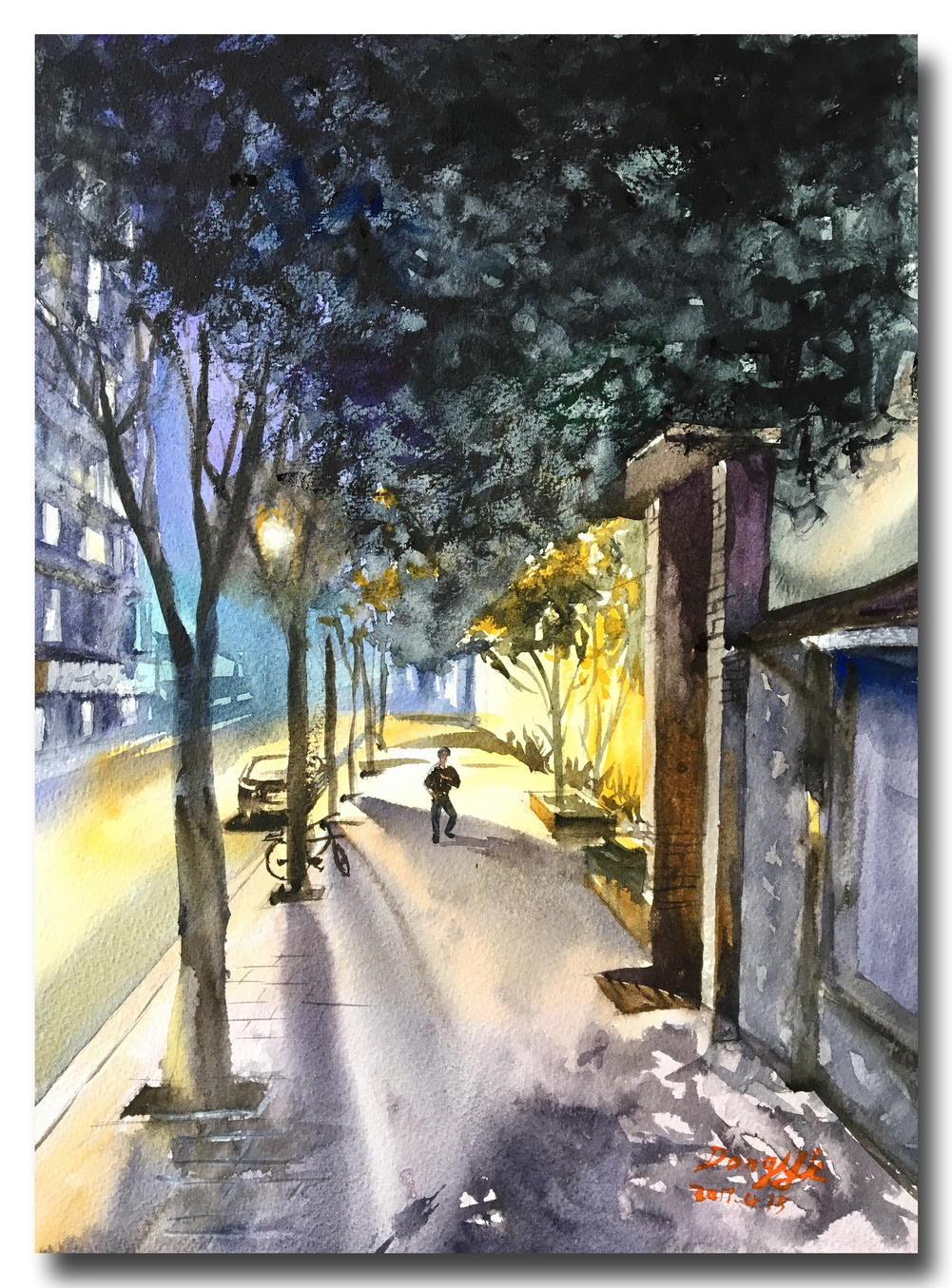 水彩画《路灯下一》