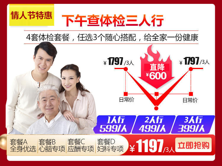 【美年大健康】年终钜惠，下午查专项，三人家庭体检套餐，仅需399元/人