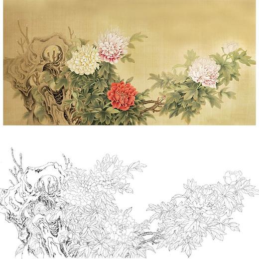 楚彦春横幅复古风工笔花鸟白描底稿-牡丹-多种白描尺寸可选-CY14 商品图0