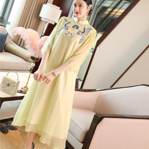上海旗袍厂FLZD-99123春夏款女装双喜鹊刺绣网格流苏袖民族舞台服汉服连衣裙 商品图2