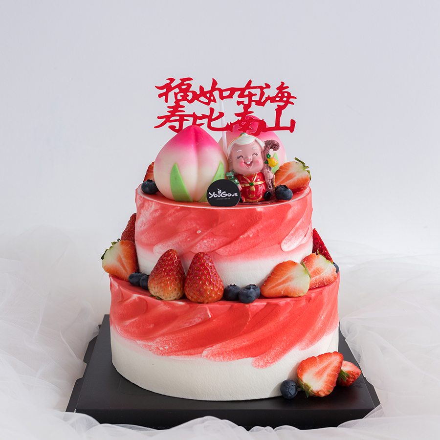 新款祝寿寿桃主题双层造型奶油蛋糕