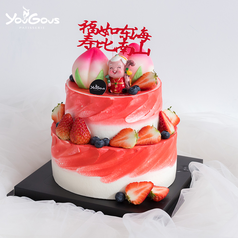 新款祝寿寿桃主题双层造型奶油蛋糕