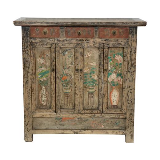 清晚期杨木古董家具三屉四门柜彩绘柜玄关柜QB18040131 Antique Poplar wood Cabinet 商品图1