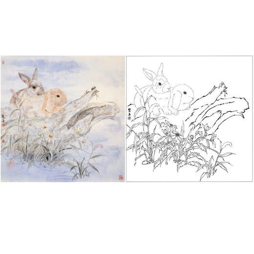 鲁双喜工笔动物白描底稿-兔子《暖春》-多种白描尺寸可选-LK07 商品图0