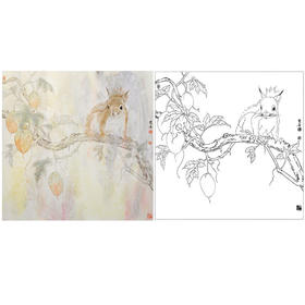 鲁双喜工笔动物白描底稿-松鼠《香瓜》-多种白描尺寸可选-LK11