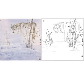 鲁双喜工笔动物白描底稿-《寂雪狼》-多种白描尺寸可选-LK04