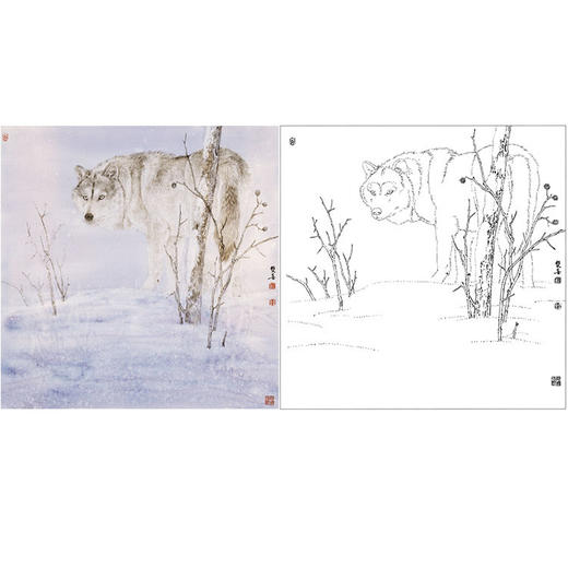 鲁双喜工笔动物白描底稿-《寂雪狼》-多种白描尺寸可选-LK04 商品图0
