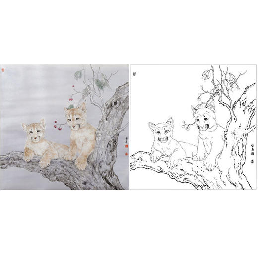 鲁双喜工笔动物白描底稿-《双雄》-多种白描尺寸可选-LK10 商品图0