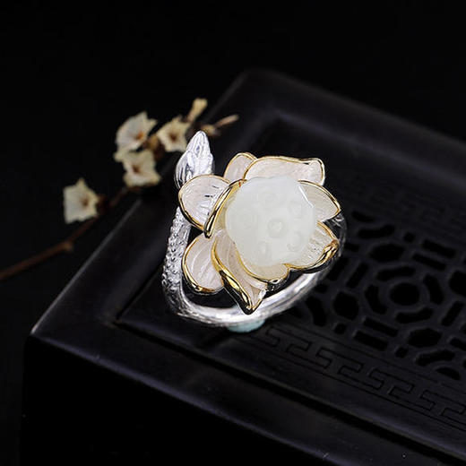 S925纯银，和田玉白玉，莲花莲蓬开口戒指CW 商品图2