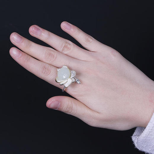 S925纯银，和田玉白玉，莲花莲蓬开口戒指CW 商品图4