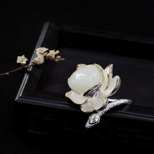 S925纯银，和田玉白玉，莲花莲蓬开口戒指CW 商品图1
