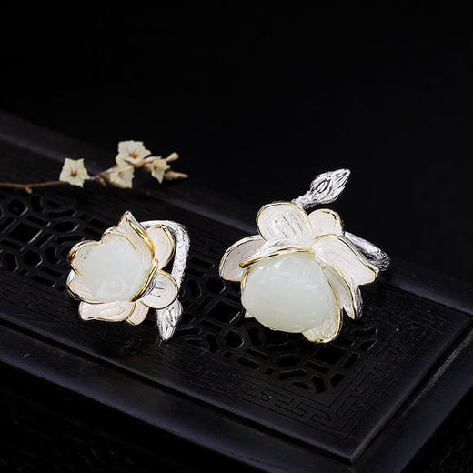 S925纯银，和田玉白玉，莲花莲蓬开口戒指CW 商品图0