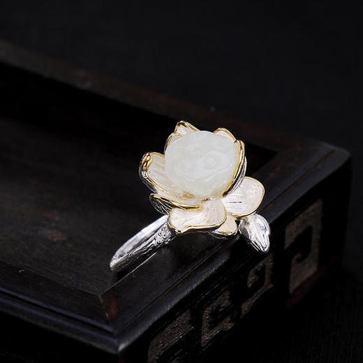 S925纯银，和田玉白玉，莲花莲蓬开口戒指CW 商品图3