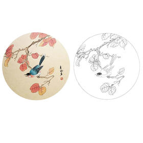 戴青池工笔花鸟白描底稿-红叶小鸟小品-多种白描尺寸可选-DQ22
