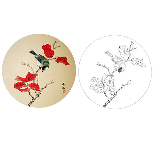 戴青池工笔花鸟白描底稿-红叶小鸟小品-多种白描尺寸可选-DQ21 商品图0