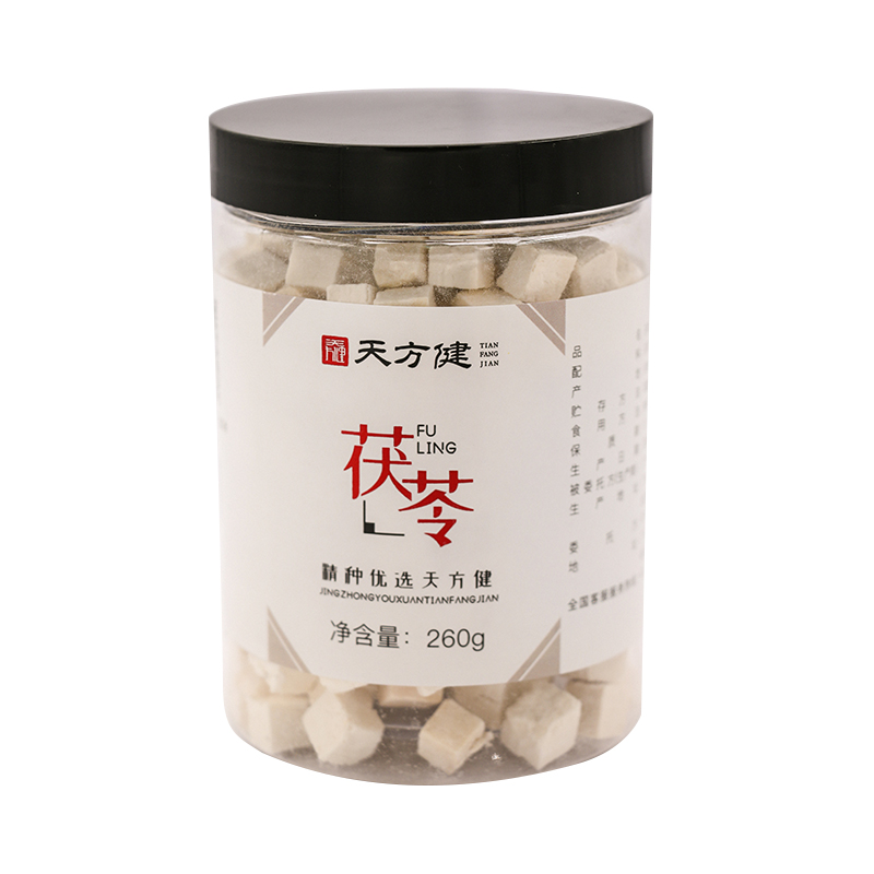 茯苓瓶装260克，源自道地产区安徽基地，块状完整，切面细腻。颜色洁白，质地坚实