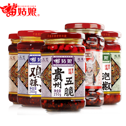 苗姑娘   牛肉油辣椒+肉丝泡椒+贵州五脆+鸡辣椒+油辣椒  1310g五瓶装全家福
