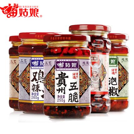苗姑娘   牛肉油辣椒+肉丝泡椒+贵州五脆+鸡辣椒+油辣椒  1310g五瓶装全家福 商品图0