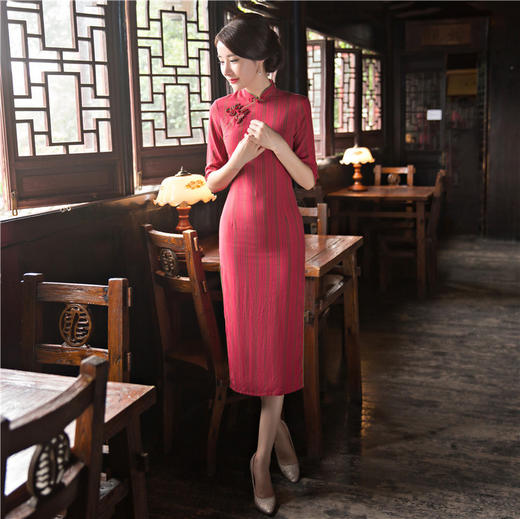 上海旗袍厂GX旗袍中长款中袖2019秋新款复古改良棉质双层日常格子旗袍连衣裙 商品图6