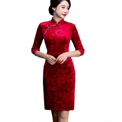 新款复古改良丝绒压花短款婚宴礼服大码旗袍 商品图2